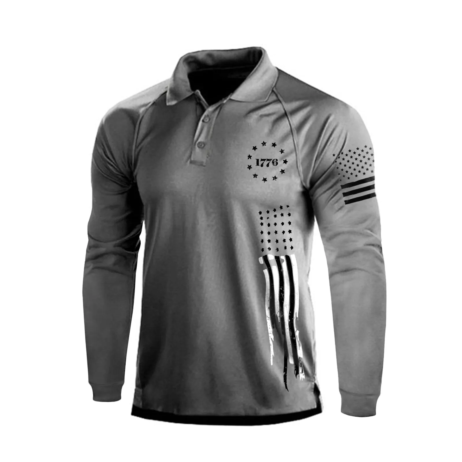 1776 USA FLAG QUICK DRY RAGLAN GRAPHIC LONG SLEEVE POLO SHIRT