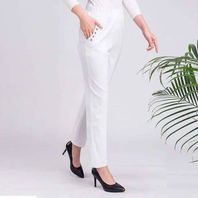 2021Summer Women Pants Middle-aged Lady Elastic Waist Loose Casual Pants Plus Size 4XL Pocket Thin Female Straight Trousers 2300