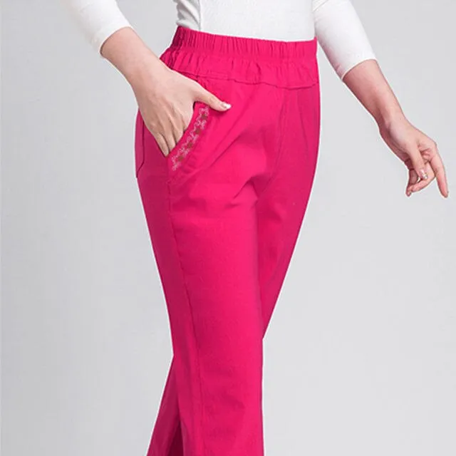 2021Summer Women Pants Middle-aged Lady Elastic Waist Loose Casual Pants Plus Size 4XL Pocket Thin Female Straight Trousers 2300