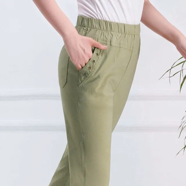 2021Summer Women Pants Middle-aged Lady Elastic Waist Loose Casual Pants Plus Size 4XL Pocket Thin Female Straight Trousers 2300