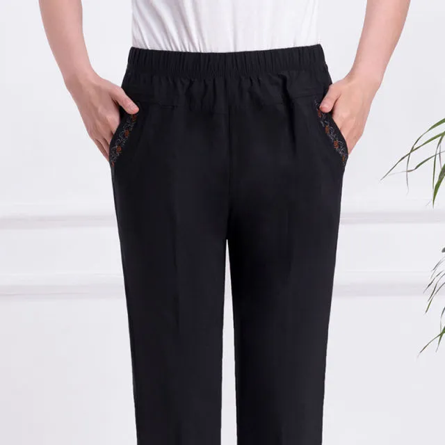 2021Summer Women Pants Middle-aged Lady Elastic Waist Loose Casual Pants Plus Size 4XL Pocket Thin Female Straight Trousers 2300