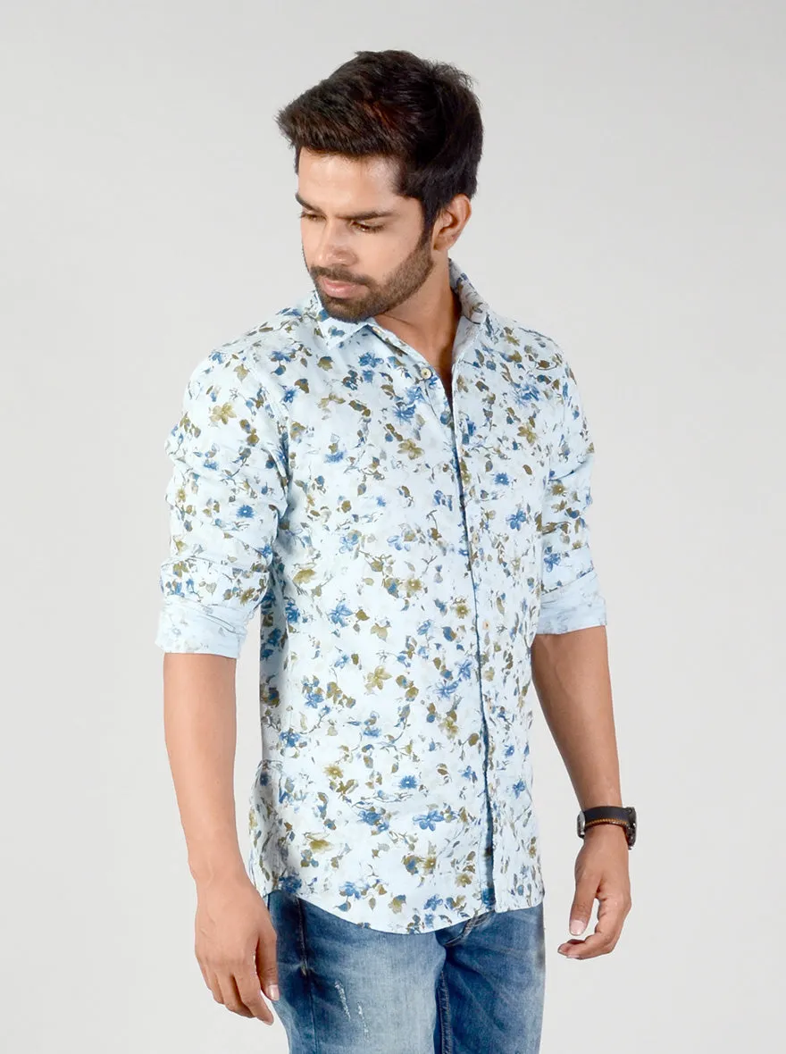 Aqua Blue Printed Slim Fit Casual Shirt | JadeBlue