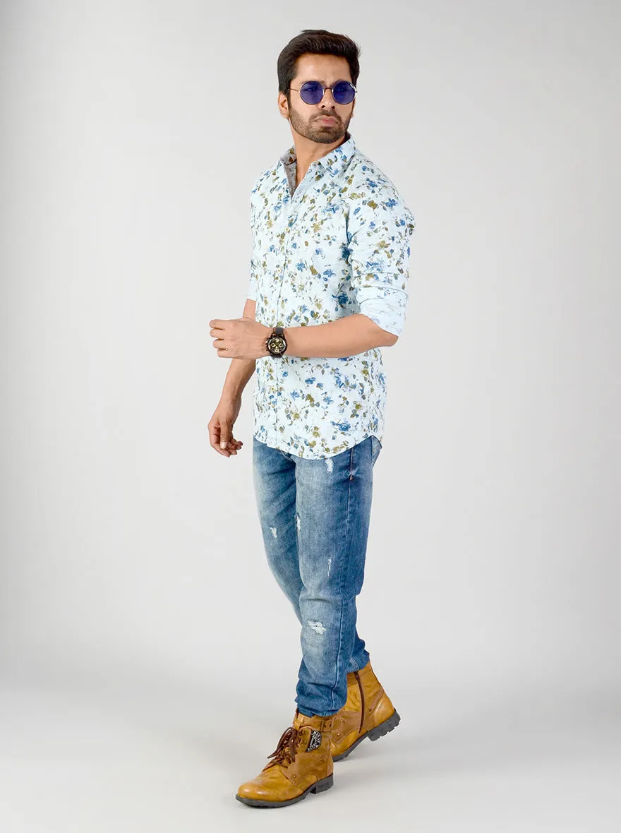 Aqua Blue Printed Slim Fit Casual Shirt | JadeBlue