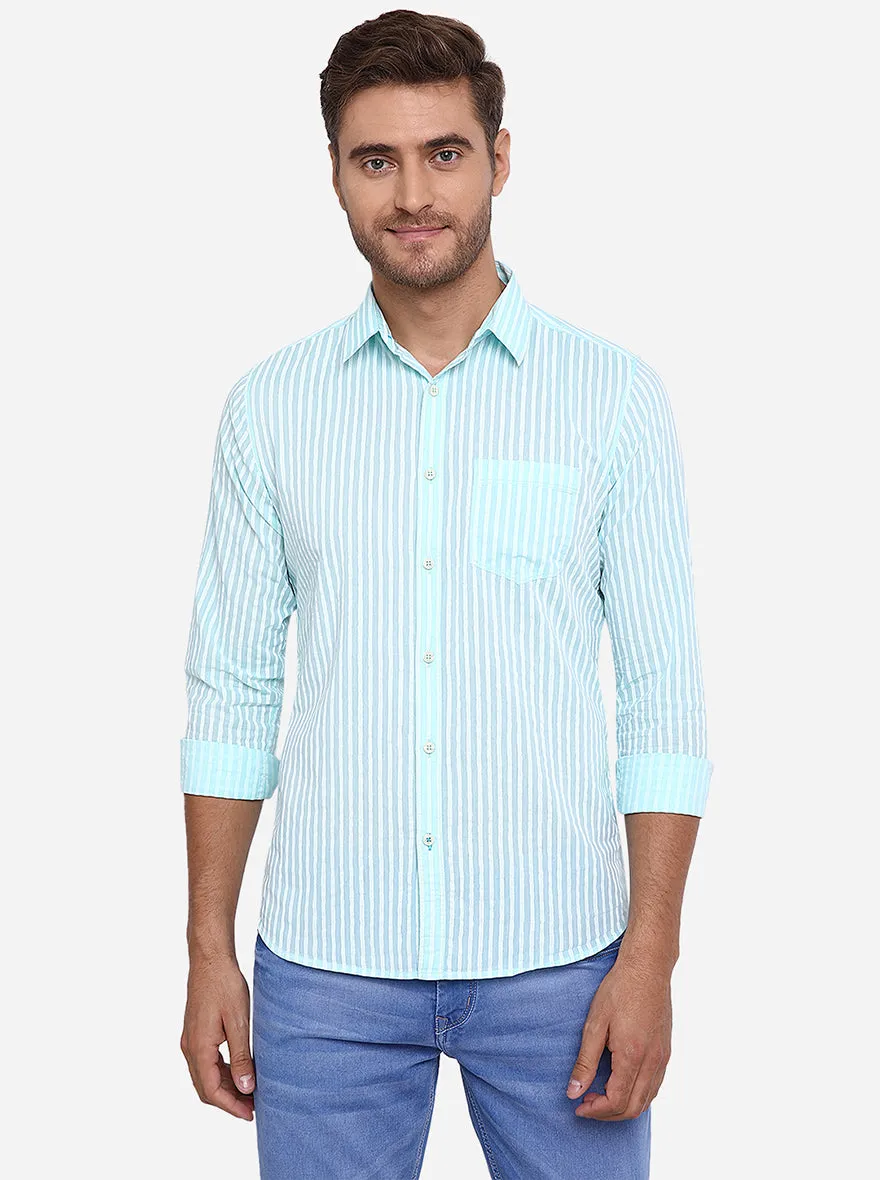 Aqua Blue Striped Slim Fit Casual Shirt | JadeBlue