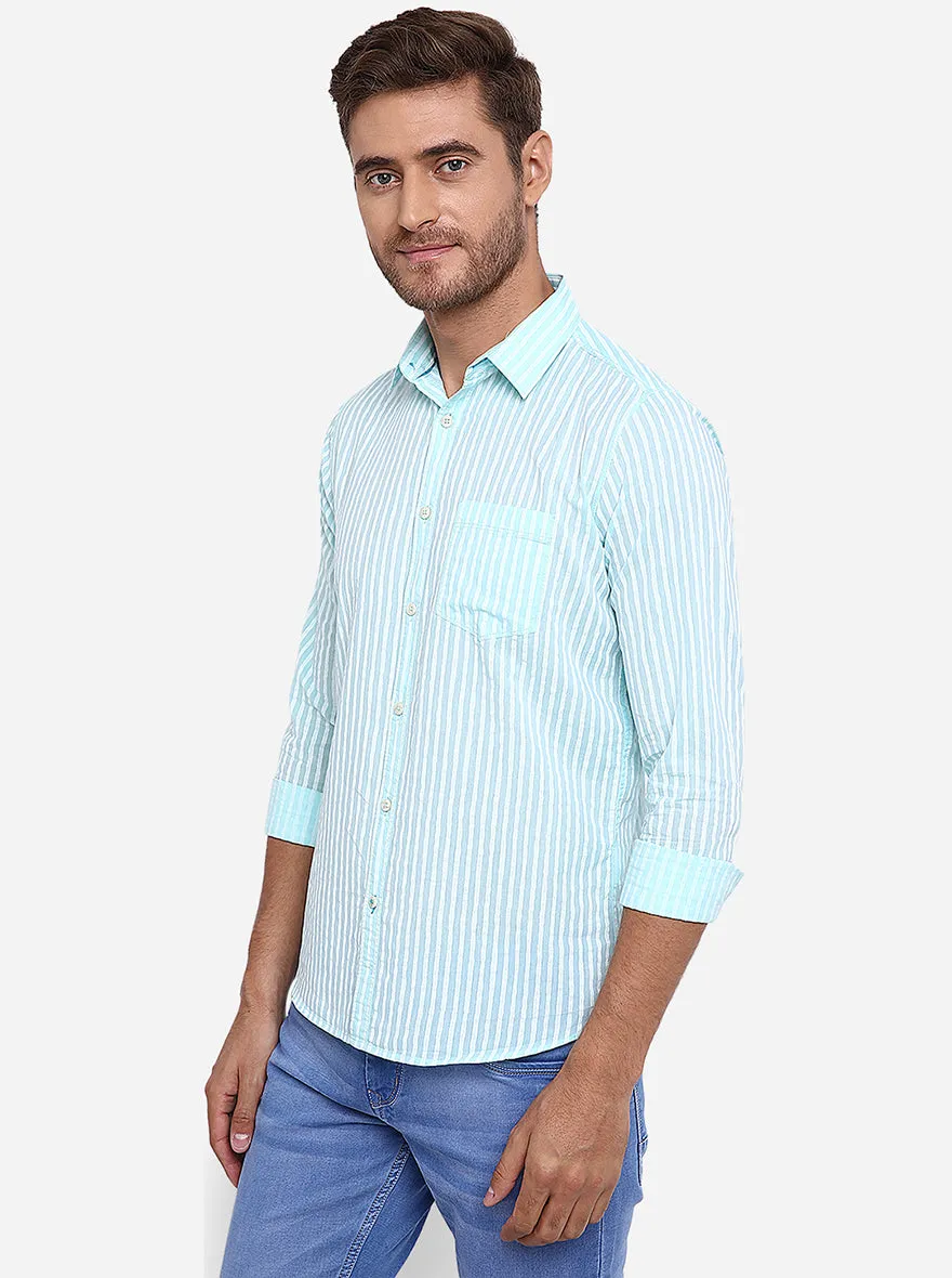 Aqua Blue Striped Slim Fit Casual Shirt | JadeBlue