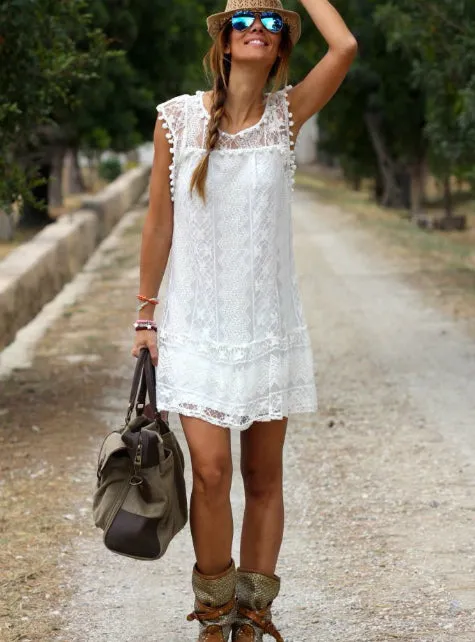 Beach Short Dress Tassel Black White Mini Lace Dress