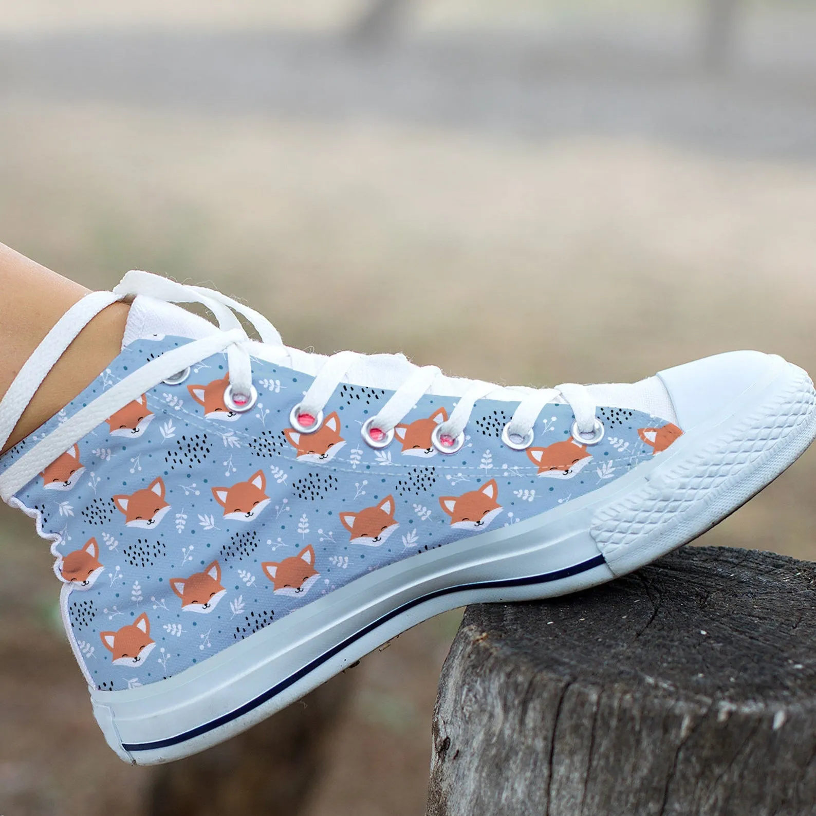 Blue Fox Shoes Fox Pattern Sneakers Fox Print Cute Shoes Fox Lover Gifts Custom High Top Converse Style Sneakers For Adults Women & Men