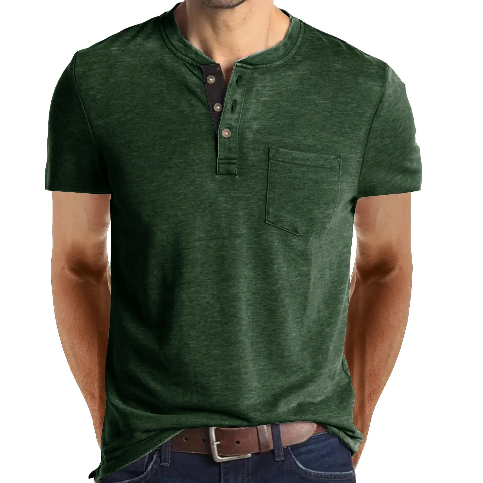 BUTTON HENLEY NECK SHORT SLEEVE POCKET TEE