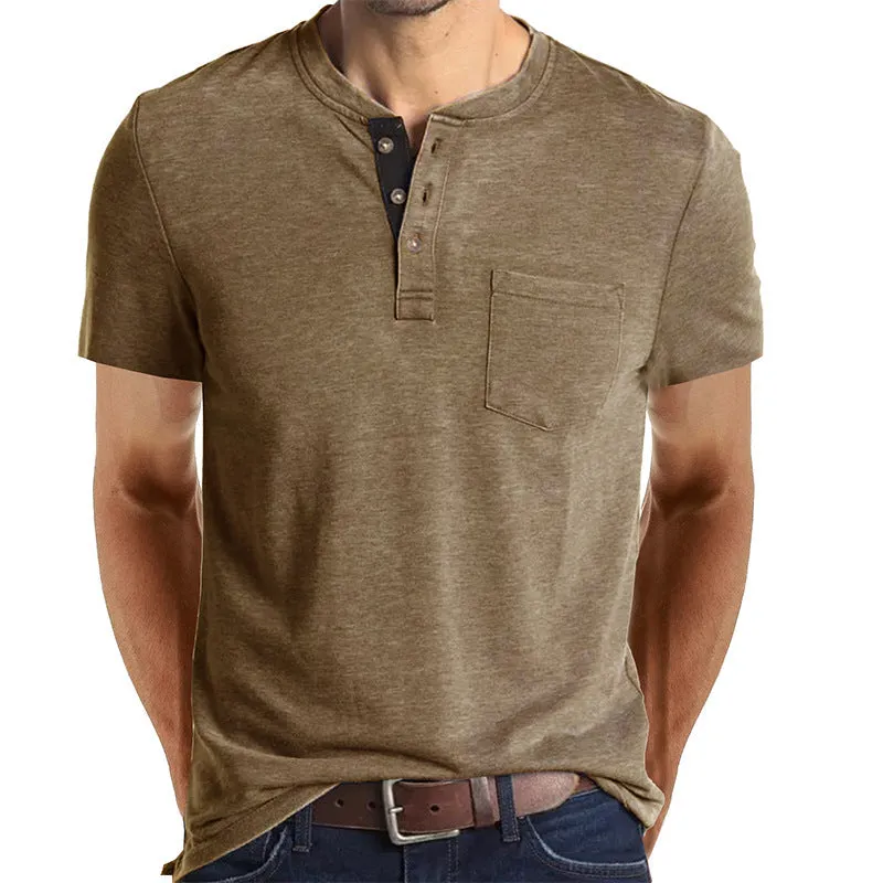 BUTTON HENLEY NECK SHORT SLEEVE POCKET TEE