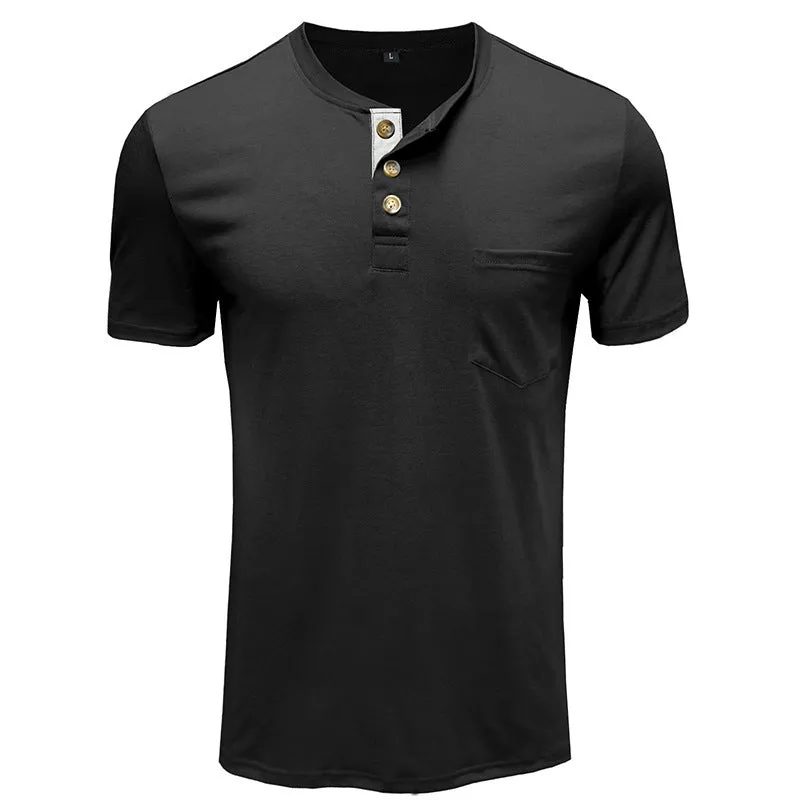 BUTTON HENLEY NECK SHORT SLEEVE POCKET TEE