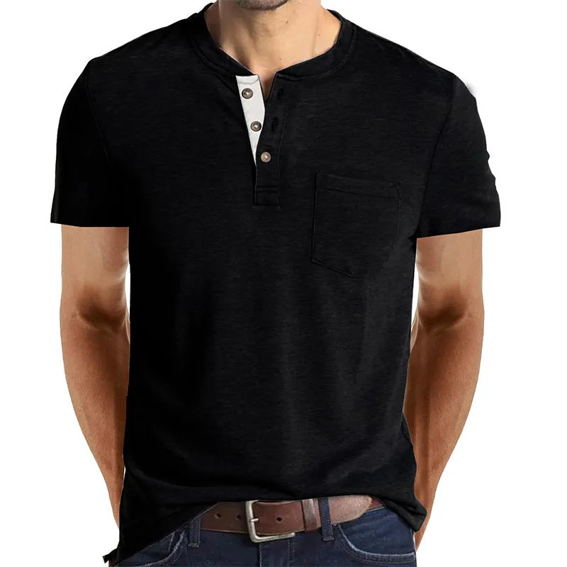 BUTTON HENLEY NECK SHORT SLEEVE POCKET TEE