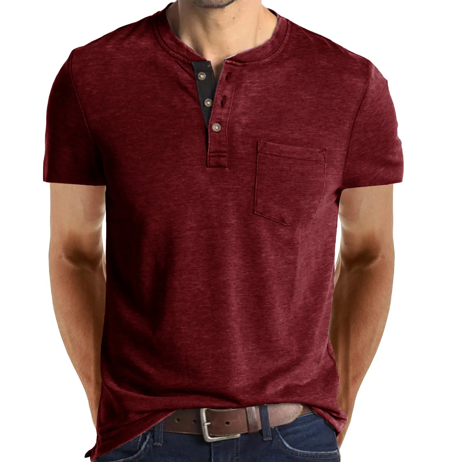 BUTTON HENLEY NECK SHORT SLEEVE POCKET TEE