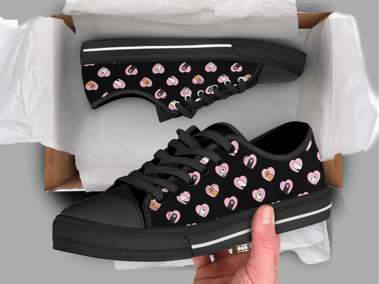 Cat Paw Shoes Heart Print Sneakers Cute Shoes Cat Lover Gifts Custom Low Top Converse Style Sneakers For Adults Women & Men