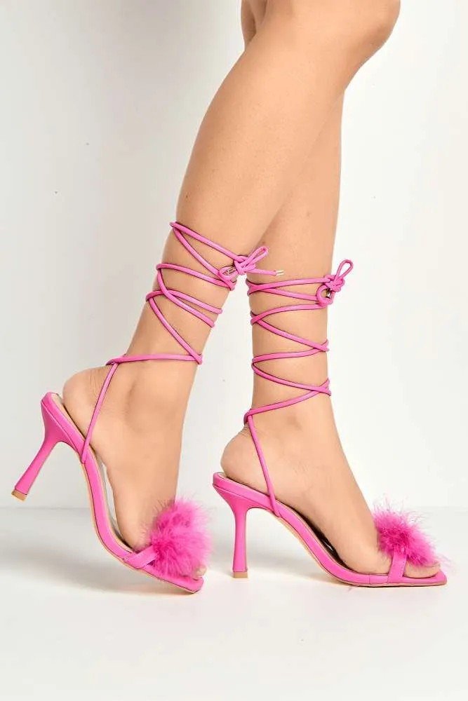 Delilah Feather Band Lace Up Heels in Fuchsia