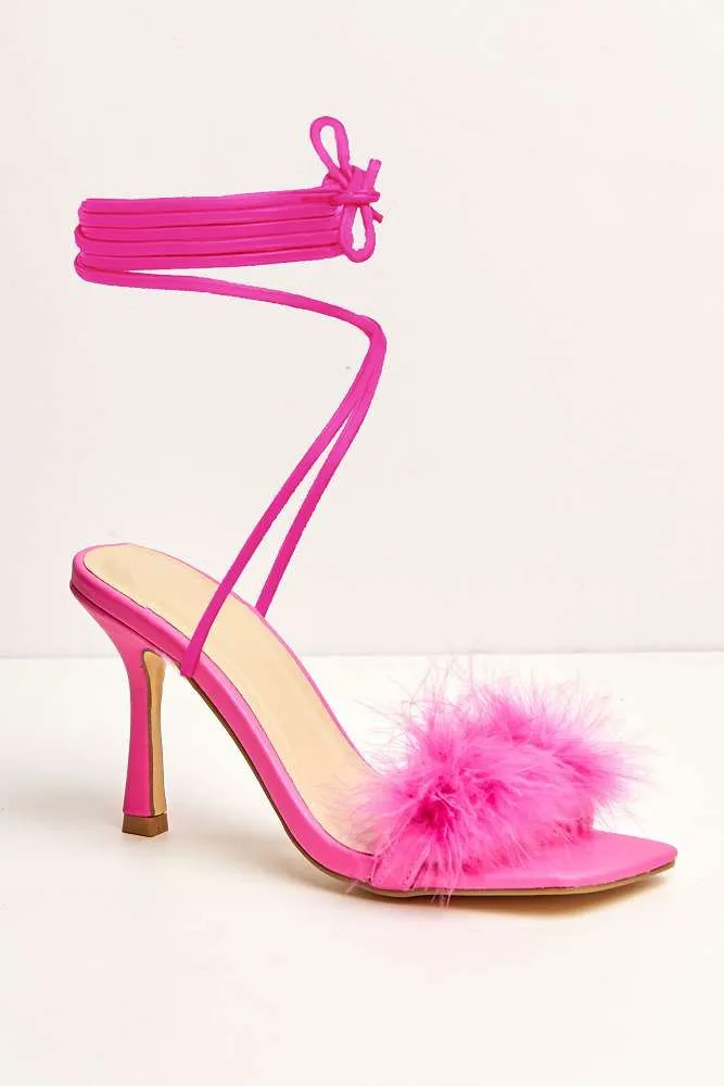 Delilah Feather Band Lace Up Heels in Fuchsia