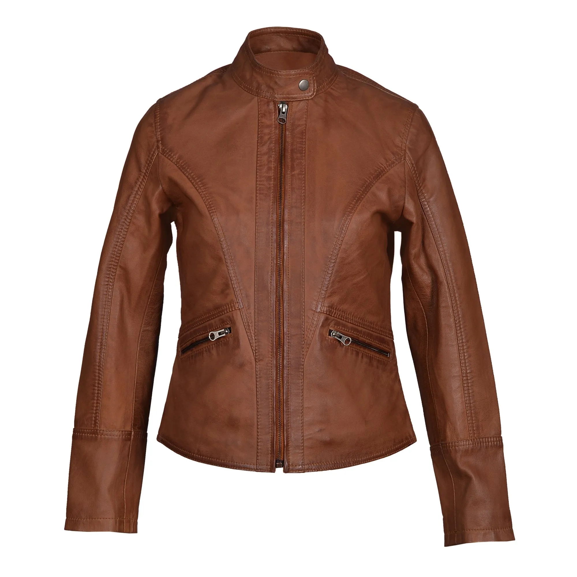 Dione’s Moto Style Sand Washed Leather Jacket With Buttoned Collar