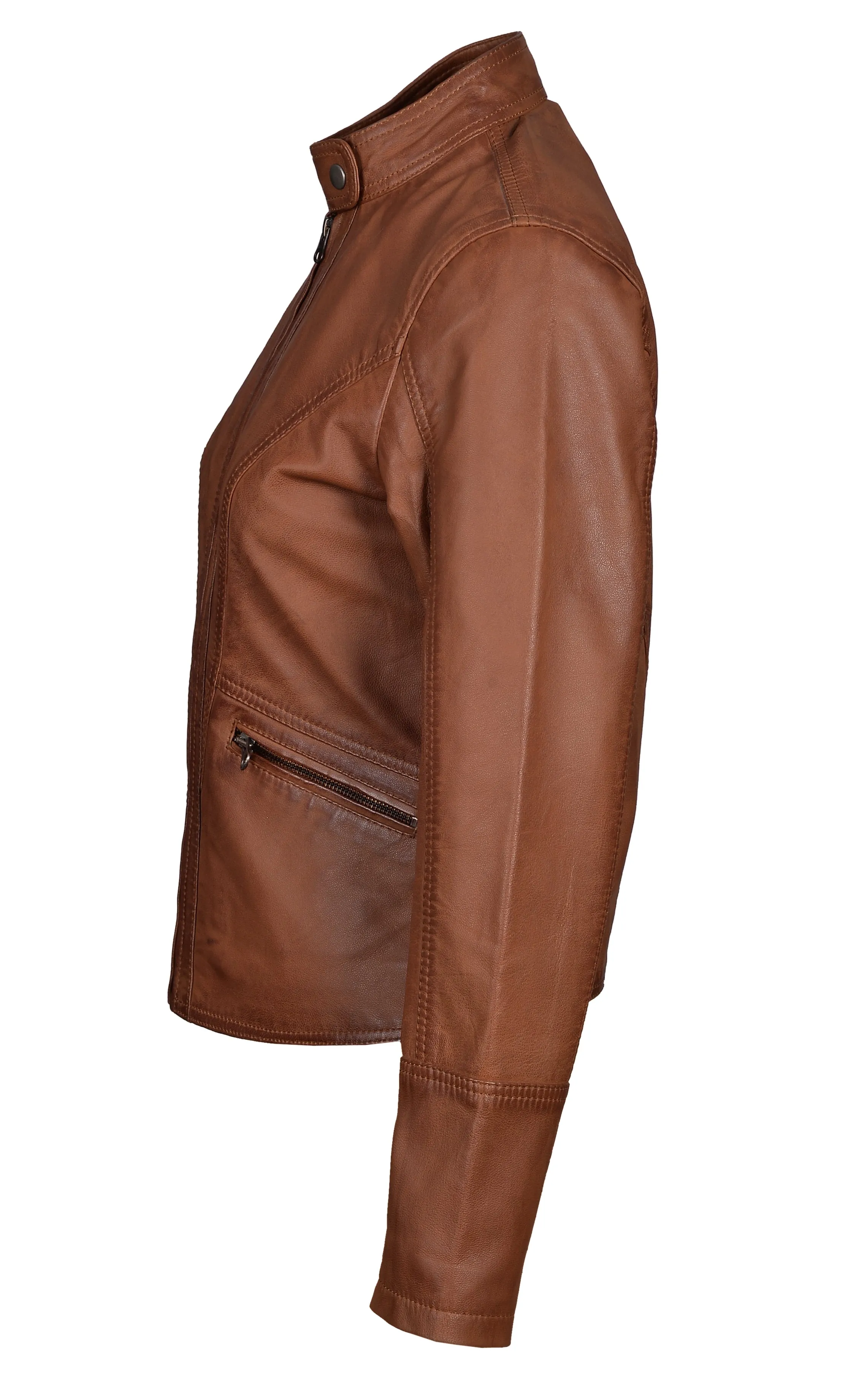 Dione’s Moto Style Sand Washed Leather Jacket With Buttoned Collar