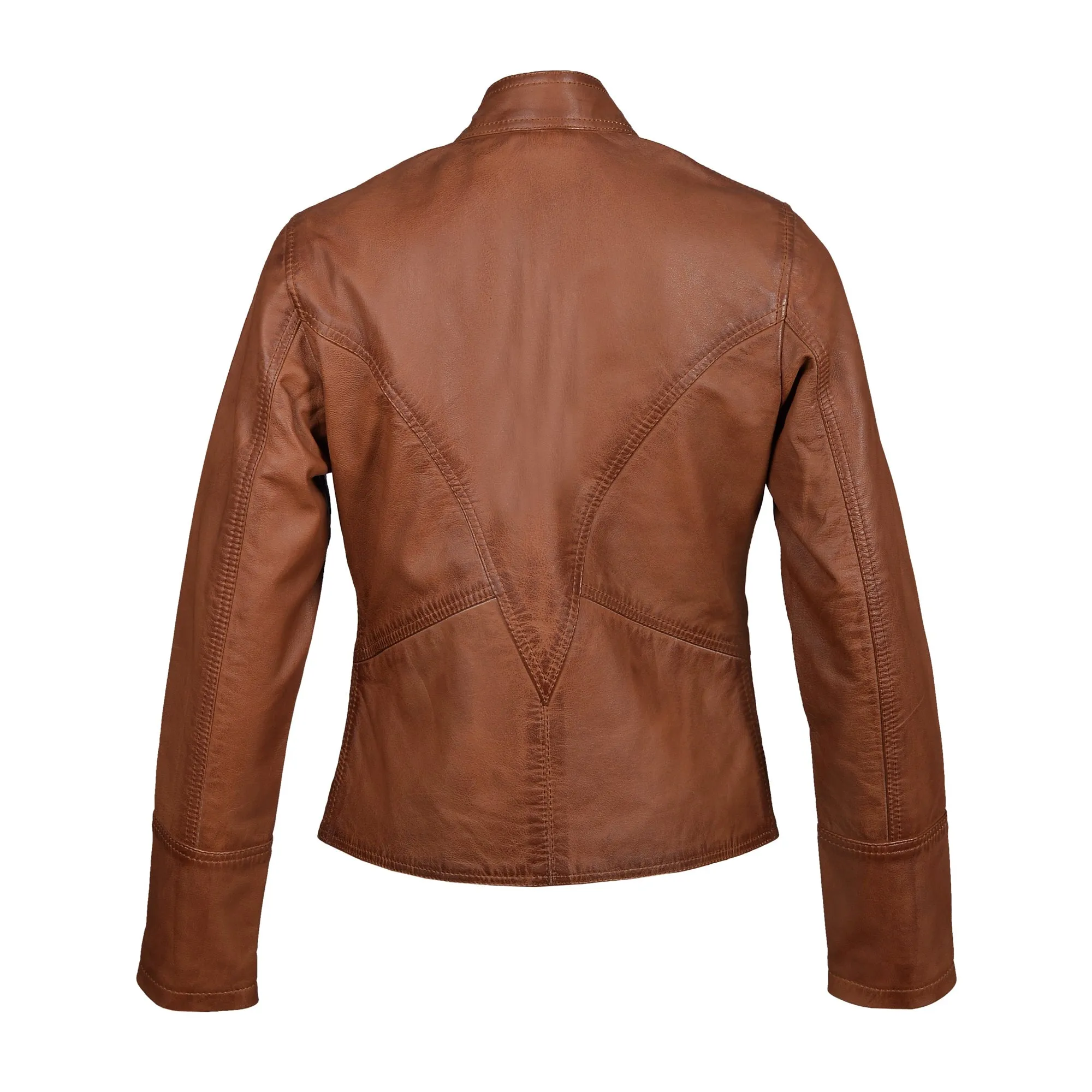 Dione’s Moto Style Sand Washed Leather Jacket With Buttoned Collar