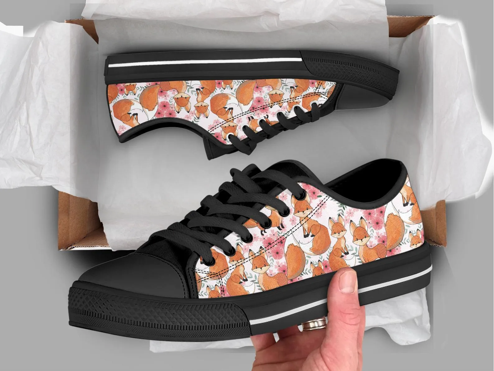 Fox Girl Shoes Fox Sneakers Fox Print Pattern Cute Shoes Fox Lover Gifts Custom Low Top Converse Style Sneakers For Adults Women & Men