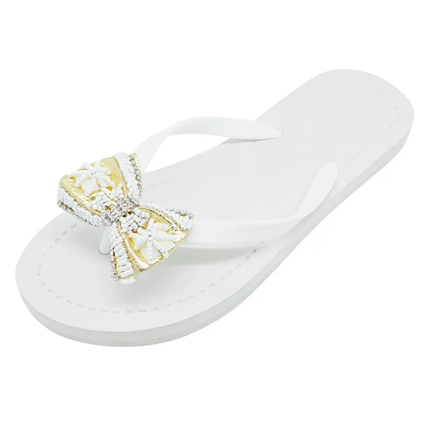 Gold and Pearl Bow-Rhine Stone Embellished Women's Flat Flip Flops Sandal