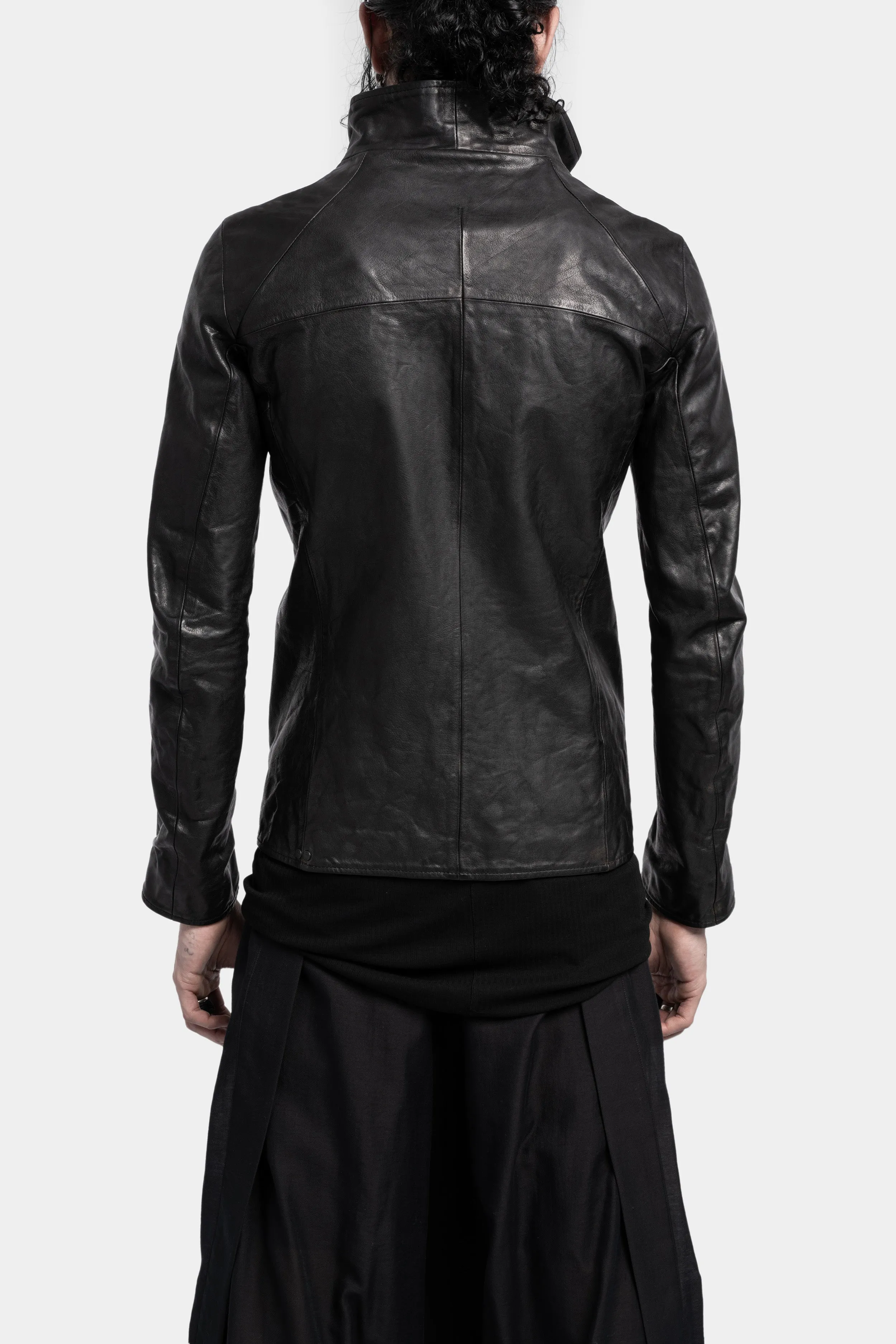 High neck asymmetrical zip leather jacket