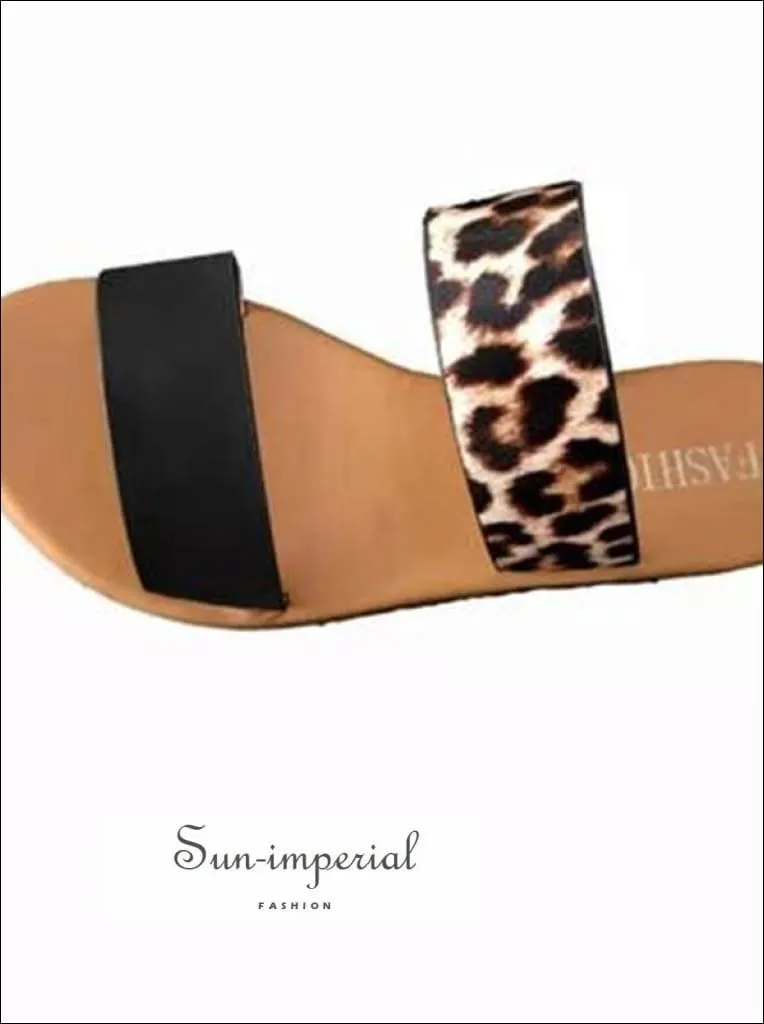 Leopard Double Band Flat Slide Sandals - Black