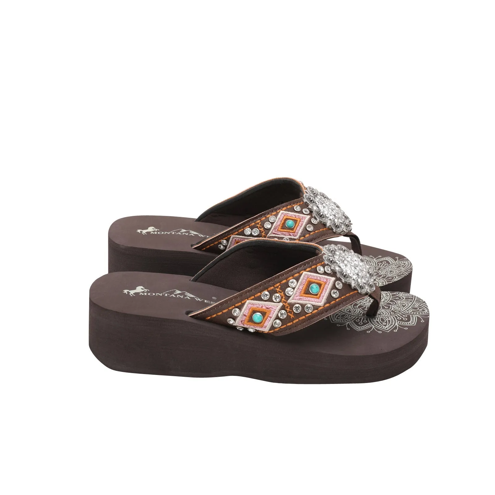 Mandala Silver Floral Rhinestones Concho Embroidered Wedge Flip-Flop