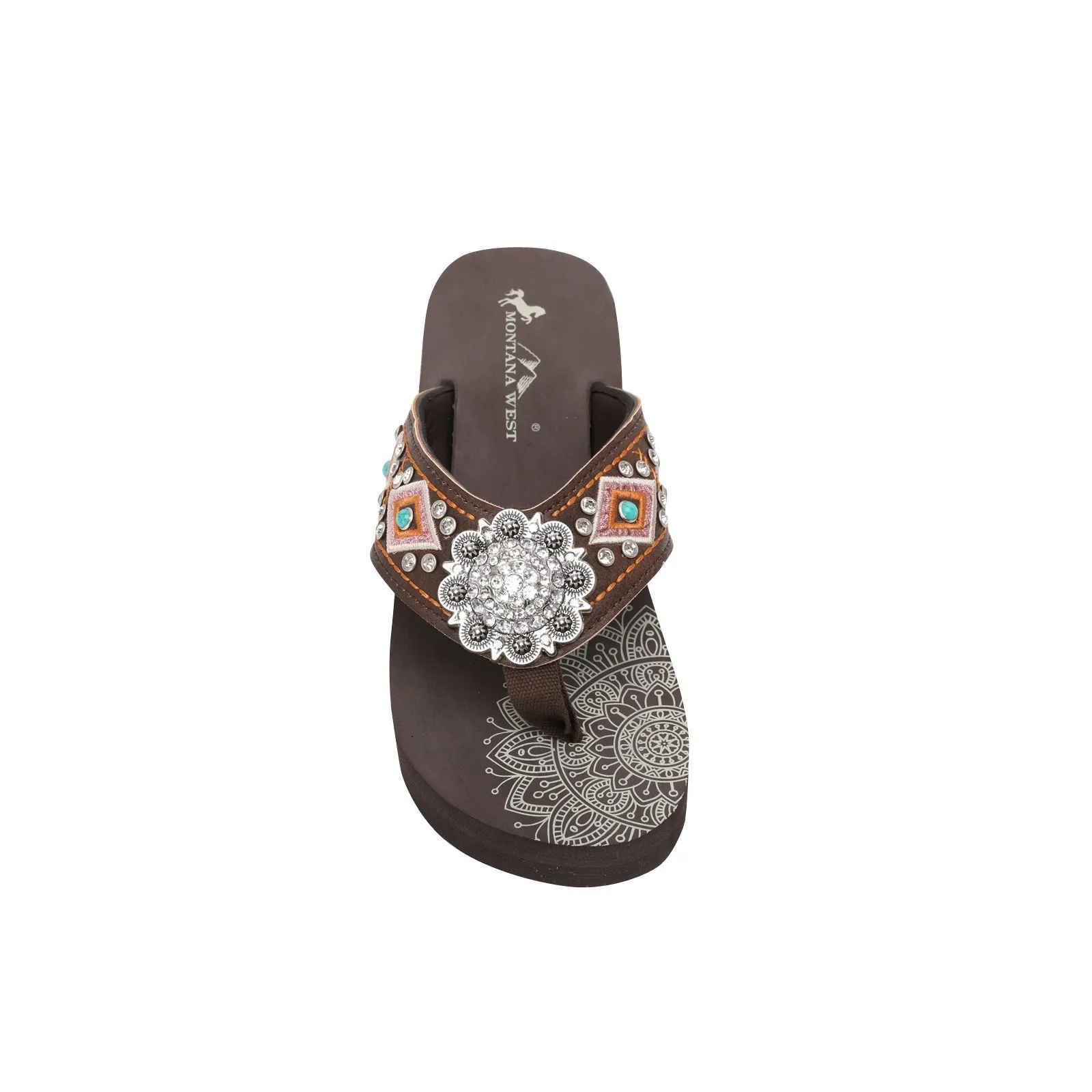 Mandala Silver Floral Rhinestones Concho Embroidered Wedge Flip-Flop