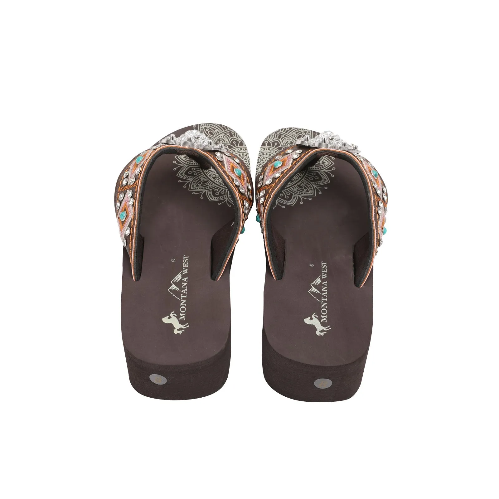 Mandala Silver Floral Rhinestones Concho Embroidered Wedge Flip-Flop