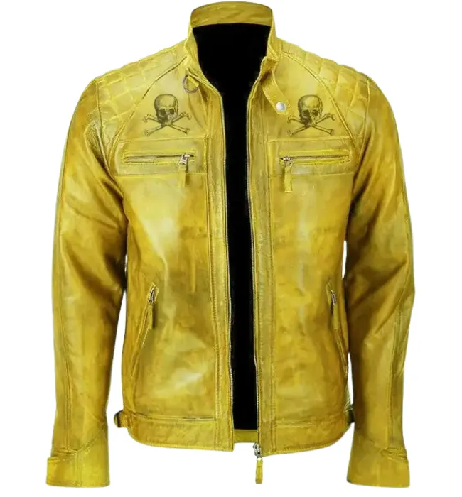 Men Danger Skull Vintage Biker Distressed Leather Jacket