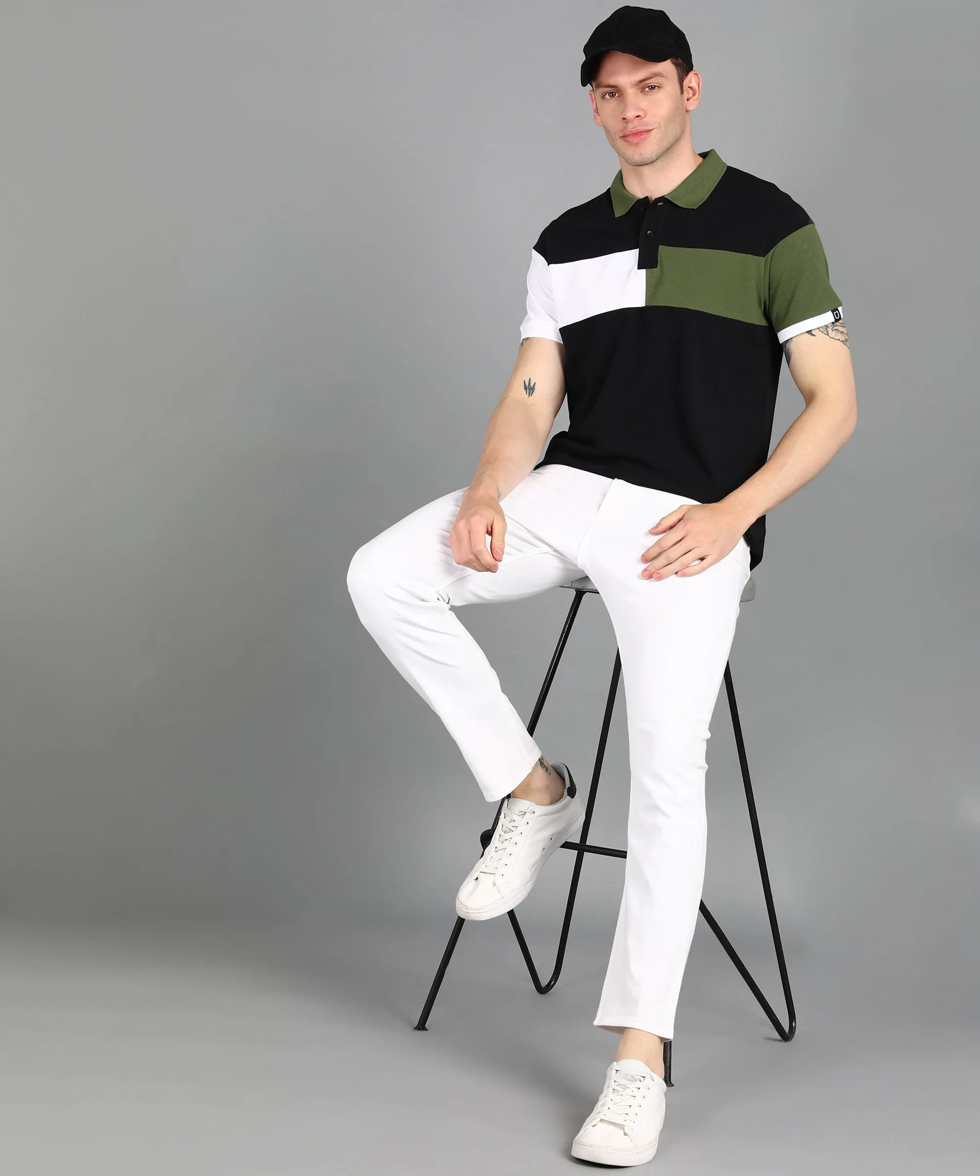 Men's Black, White, Olive Colour-Block Slim Fit Half Sleeve Cotton Polo T-Shirt