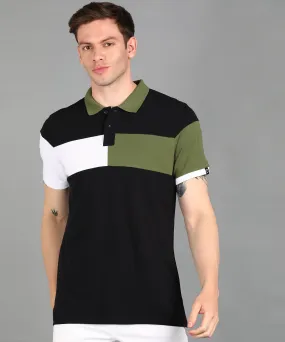 Men's Black, White, Olive Colour-Block Slim Fit Half Sleeve Cotton Polo T-Shirt