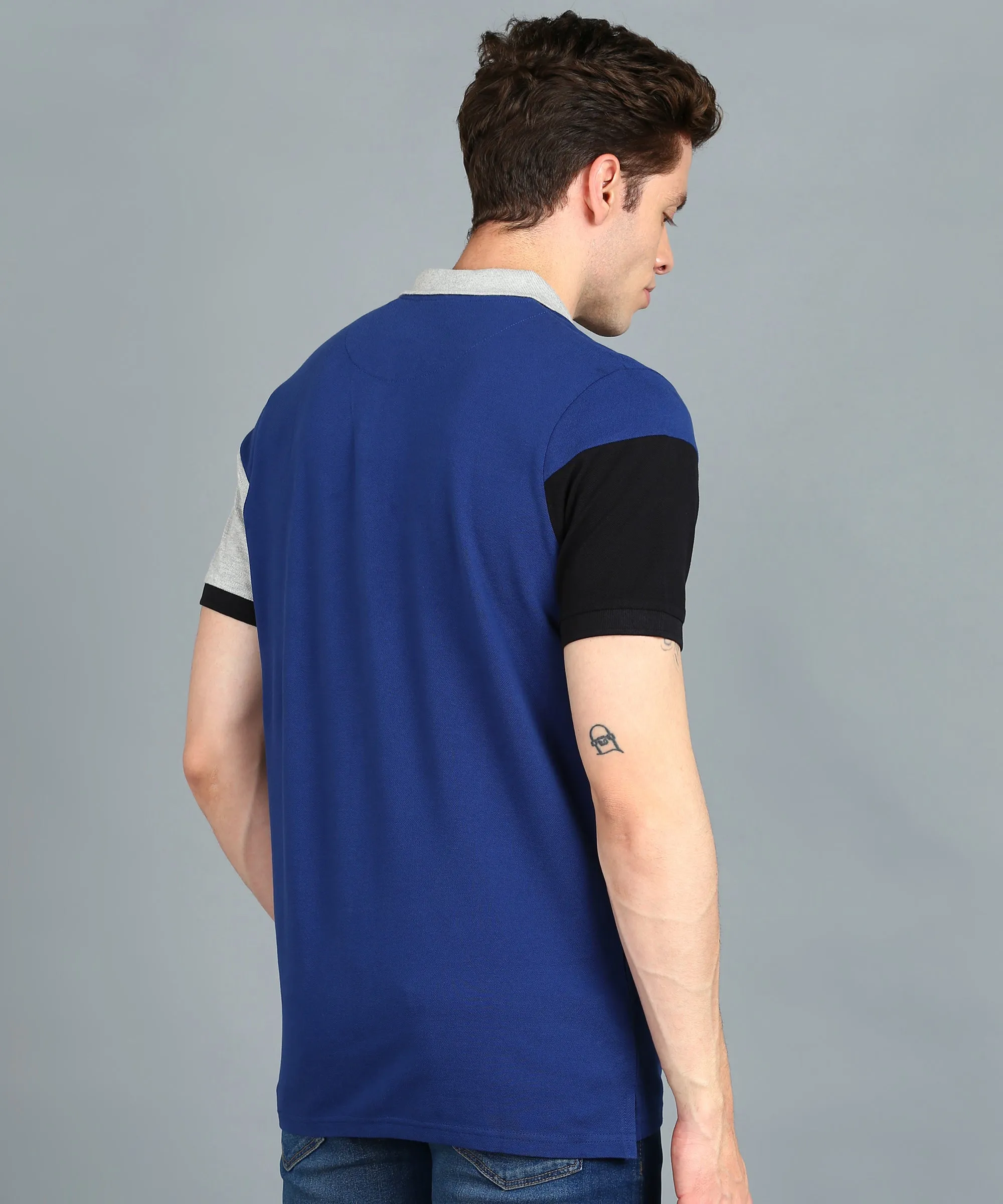 Men's Dark Blue, Black, Grey Melange Colour-Block Slim Fit Half Sleeve Cotton Polo T-Shirt