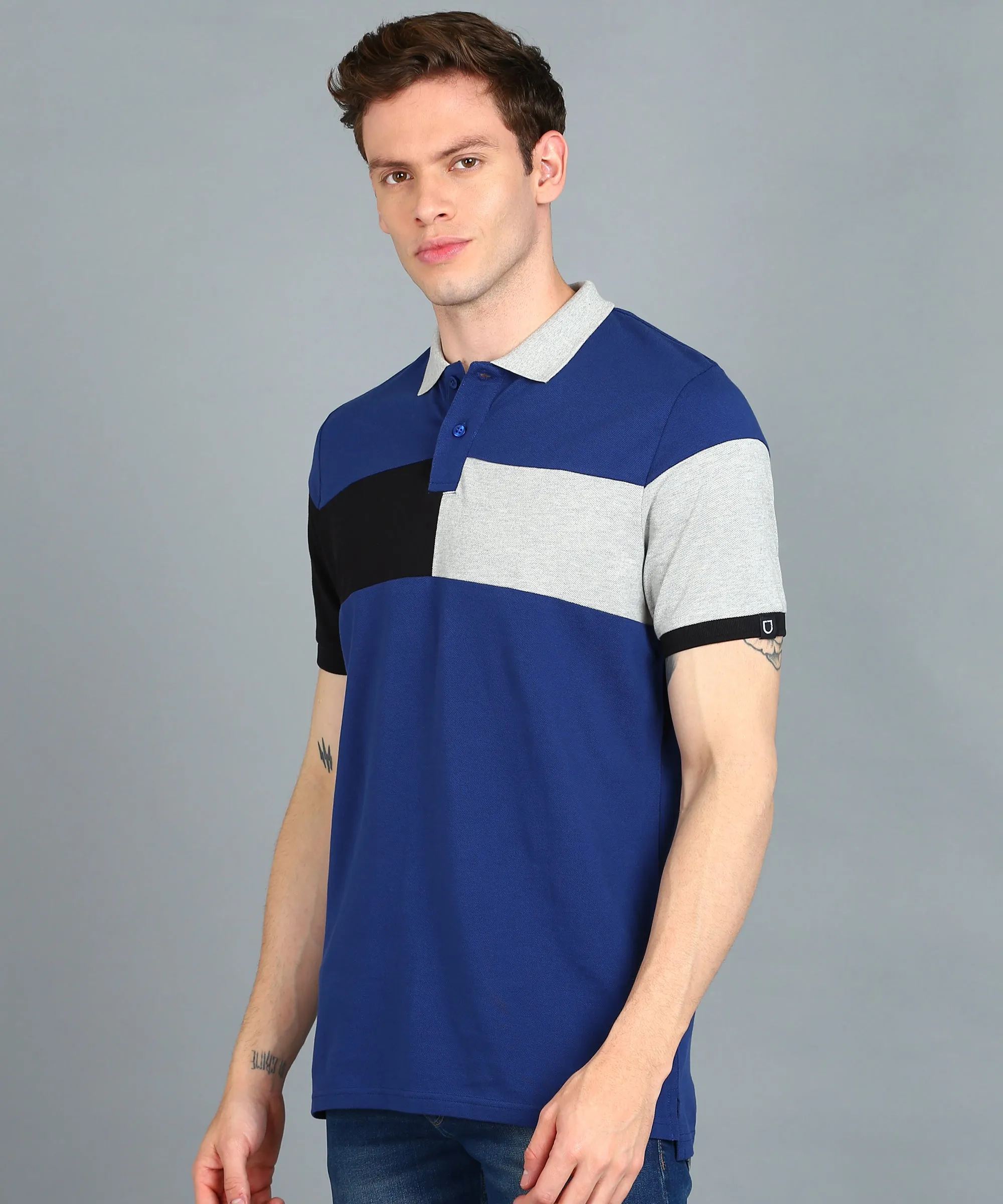 Men's Dark Blue, Black, Grey Melange Colour-Block Slim Fit Half Sleeve Cotton Polo T-Shirt