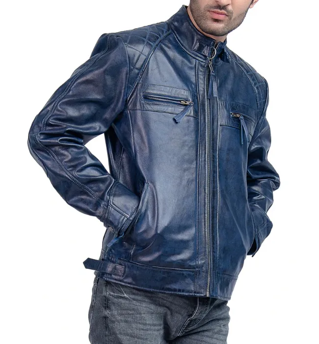 Men’s Quilted Cafe Racer Blue Leather Jacket