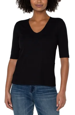 PETITE DOUBLE LAYER V-NECK RIB KNIT TOP