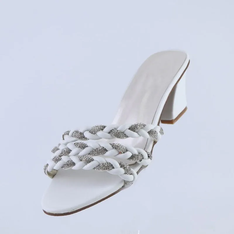 Rhinestone Leather Braided Design Cut Out Open Toe Heels for Girls