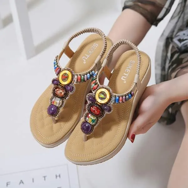 Women'S Boho Retro Beaded Wedge Sandals 86017909C